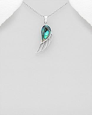 925 Sterling Silver Wing Pendant & Chain Decorated with Abalone Stone Shell